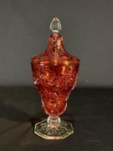 McKee Glass Co. 1920/1930's Rock Crystal Cranberry Red Footed W/Lid Candy Dish 10" Tall