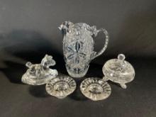 Crystal Candle Holders, Covered Candy, Glass Rocking Horse, Heavy Crystal Pitcher 7 1/2" Tall