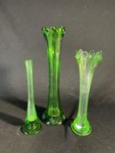 VTG Emerald Green Vases, One Vase is Vaseline Glass (3)Vases are 13",10 1/2" & 9" Tall
