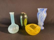 Art Glass Misc. Yellow Marked Kreiss, Fraunfelter, Swirl round base Vase & Retro Art Glass Lot of (4