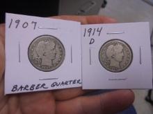 1907 & 1914 D Mint Silver Barber Quarters