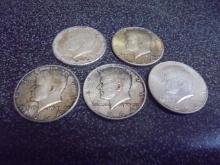 (5)1964 Silver Kennedy Half Dollars