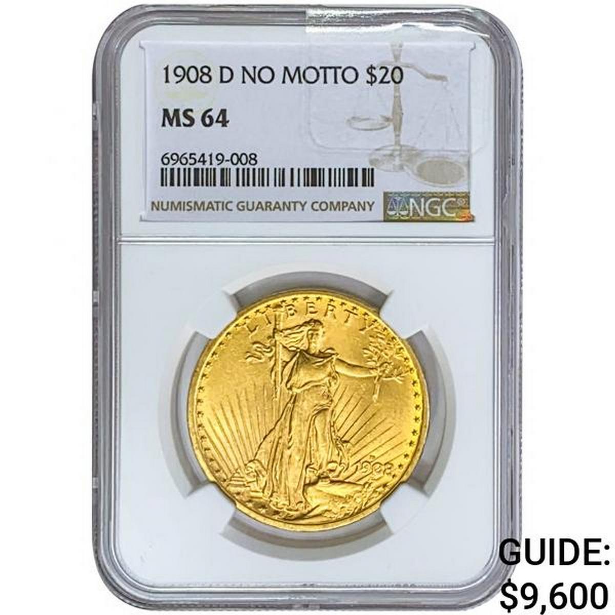 1908-D $20 Gold Double Eagle NGC MS64 No Motto