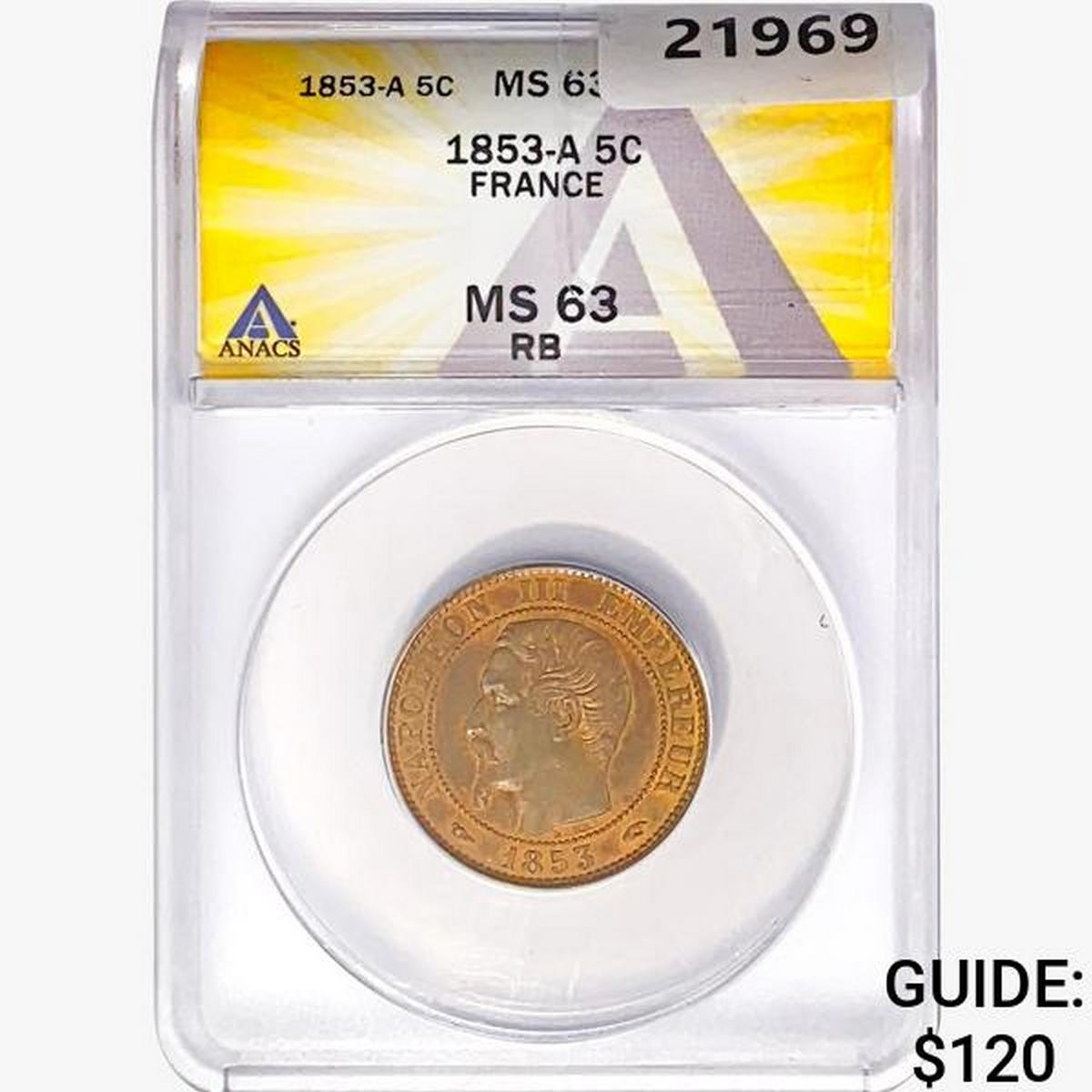 1853-A 5 Cent France ANACS MS63 RB