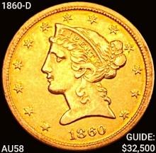 1860-D $5 Gold Half Eagle CHOICE AU