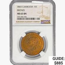 1860 10C Cambodia NGC MS63 BN Bronze