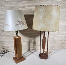 2 Wood Mid Century Modern Retro Danish Modern Design Table Lamps with Parchment Shades