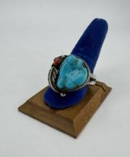 Navajo Sterling Silver Turquoise Coral Ring