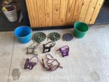 5, pony halters, 3 lead ropes, 2 8qt feed buckets