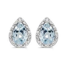 Pear Aquamarine and Diamond Stud Earrings 14k White Gold 1.20ctw