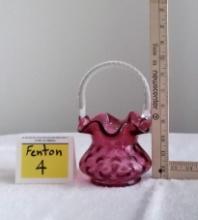 Fenton Art Glass Cranberry Bride Basket 8" Vase Crystal Rope Handle Pink Vintage Home Decor