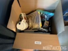 Box of kitchen baking items, coffee pot, cookie sheets