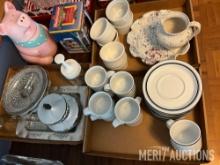 Dansk cups and saucers, pitcher and basin, pig cookie jar, other misc.