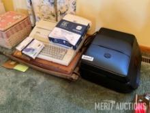 HP printer, Royal typewriter, paper, paper cutter