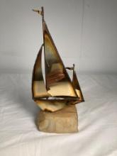 Mid-Century Modern Brass Ship Scupture on Stone