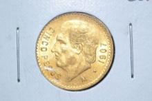 1907 Mexican Five Peso .900 Gold Piece; Unc.