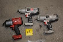 Pair of Porter Cable 20v and 1 Milwaukee M-18 1/2" Impact Wrenches; No Batteries
