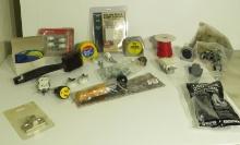 mixed hardware, tools, tape measures, cord caps, screen bead padlock