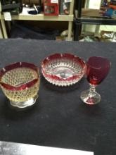 vintage, three-piece, kings crown, hobnail glassware
