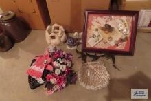 Lefton figurine and others. Decorative pieces and wall hangings. Beaded purse.