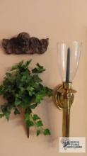 Brass wall pocket vase, brass candle holder and cherub decoration