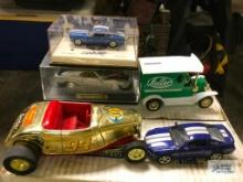 1970 BOSS MUSTANG AND SHELBY COBRA MODEL CAR IN DISPLAY CASE. FULLER BRUSH CO. BANK CAR AND OTHER