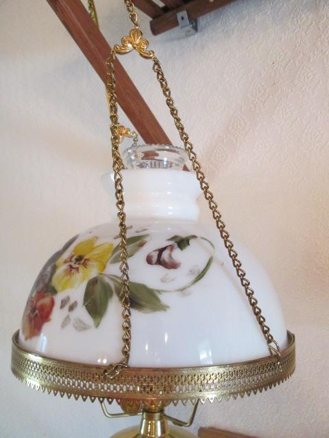 B&P Victorian Style Brass and Handpainted Shade Hanging Light