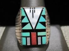 Men's Sterling Silver Navajo Turquoise and Coral Ring
