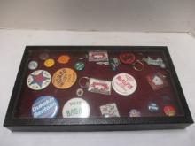 Vintage Pins and Keychains in Black Display Case
