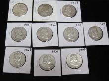 Lot of (10) Franklin Half Dollars