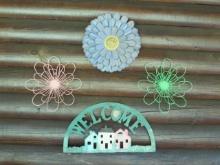 Folk Art Handpainted Torch Art "Welcome" Sign and Three Colorful Metal Flowers