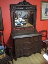 Antique Victorian Dark Stained Oak Dresser with Stand Mirror