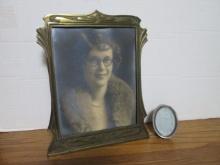 Brass Art Deco Photo Frame with Sepia Portrait of Flapper Girl and Small
