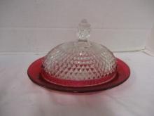 Indiana Glass Ruby Red Flash Diamond Point Butter Dish