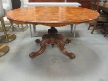 Oval Burlwood Tilt Top Table w/ Ornate Carved Pedestal