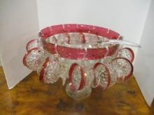 Ruby Red Flash Whitehall Cubist Punch Bowl Set