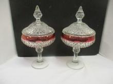 Pair of Ruby Red Flash Diamond Point Lidded Dishes