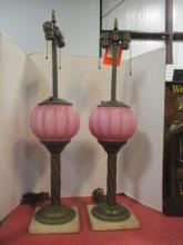 Pair of Antique Lamps with Pink Satin Glass Fonts