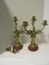 Pair of Brass and Marble Cherub 3 Lite Candelabras