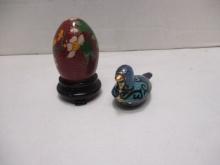 Cloisonne Egg on Wood Stand and Duck Trinket Box