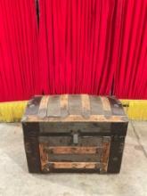 Antique Wooden Trunk w/ Decorative Stamped Metal Details & Leather Handle. As Is. See pics.
