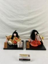 2 pcs Vintage Handmade Japanese Cloth Dolls w/ Stands & Miniature Accessories. See pics.