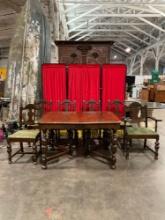 Antique Wooden Dining Table w/ 3 Hidden Leaves & 6 pcs Urn Back Chairs w/ Green Floral Seats. See