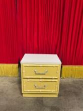 Vintage White & Yellow Painted Wooden Nightstand w/ 2 Drawers & Bamboo Motif. See pics.
