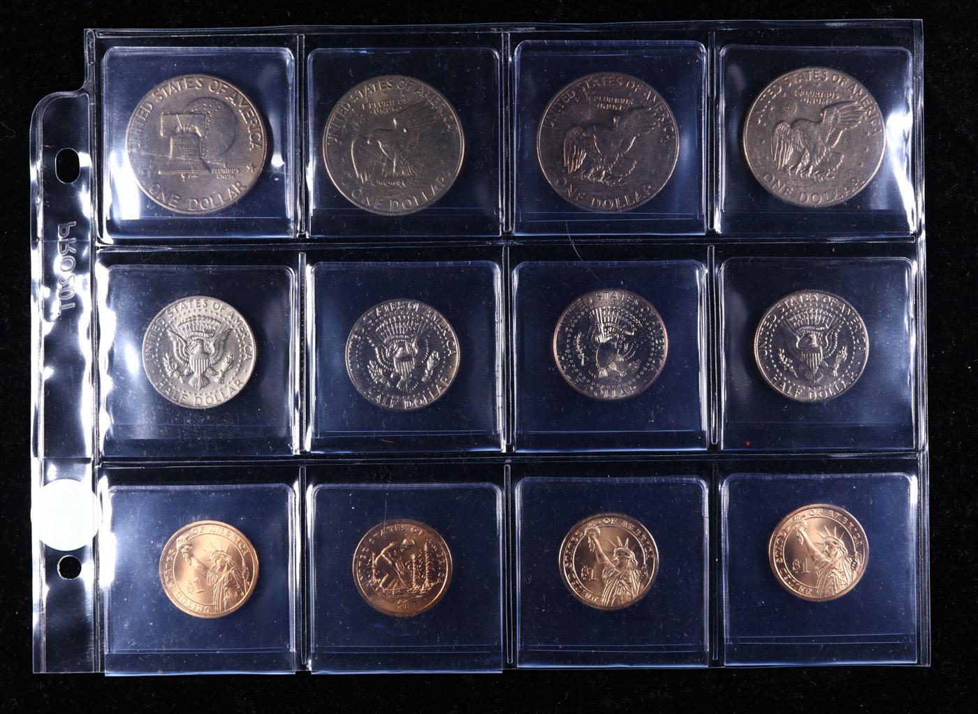 Superb Page of 12 US Coins 4x Kennedy Half Dollars, 4x Dollar Coins $1, & 4x Eisenhower $1's