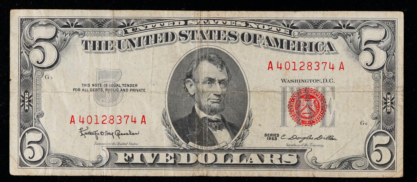 1963 $5 Red Seal United States Note Grades Gem+ CU