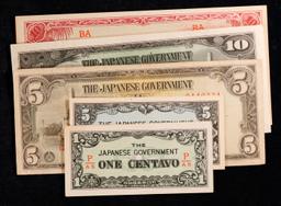 Lot of 5 Japanese WWII Invasion Money "JIM" Notes, Various Countries & Denominations Grades