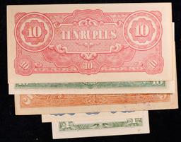 Lot of 5 Japanese WWII Invasion Money "JIM" Notes, Various Countries & Denominations Grades