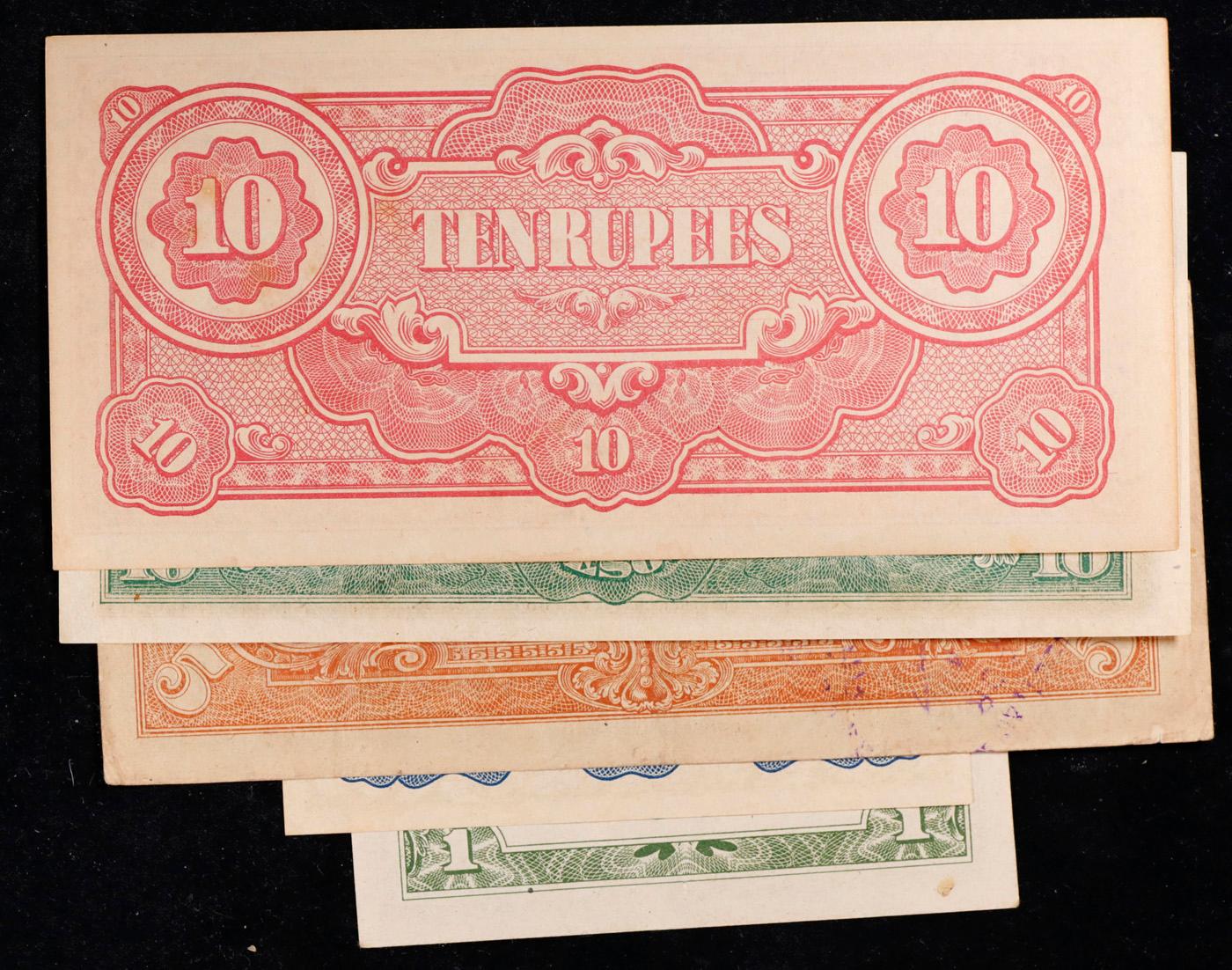 Lot of 5 Japanese WWII Invasion Money "JIM" Notes, Various Countries & Denominations Grades