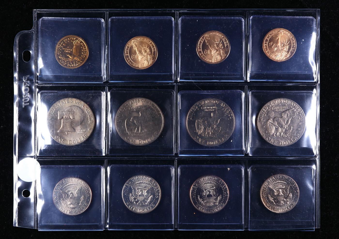 Sublime Page of 12 US Coins 4x Kennedy Half Dollars, 4x Dollar Coins $1, & 4x Eisenhower $1's